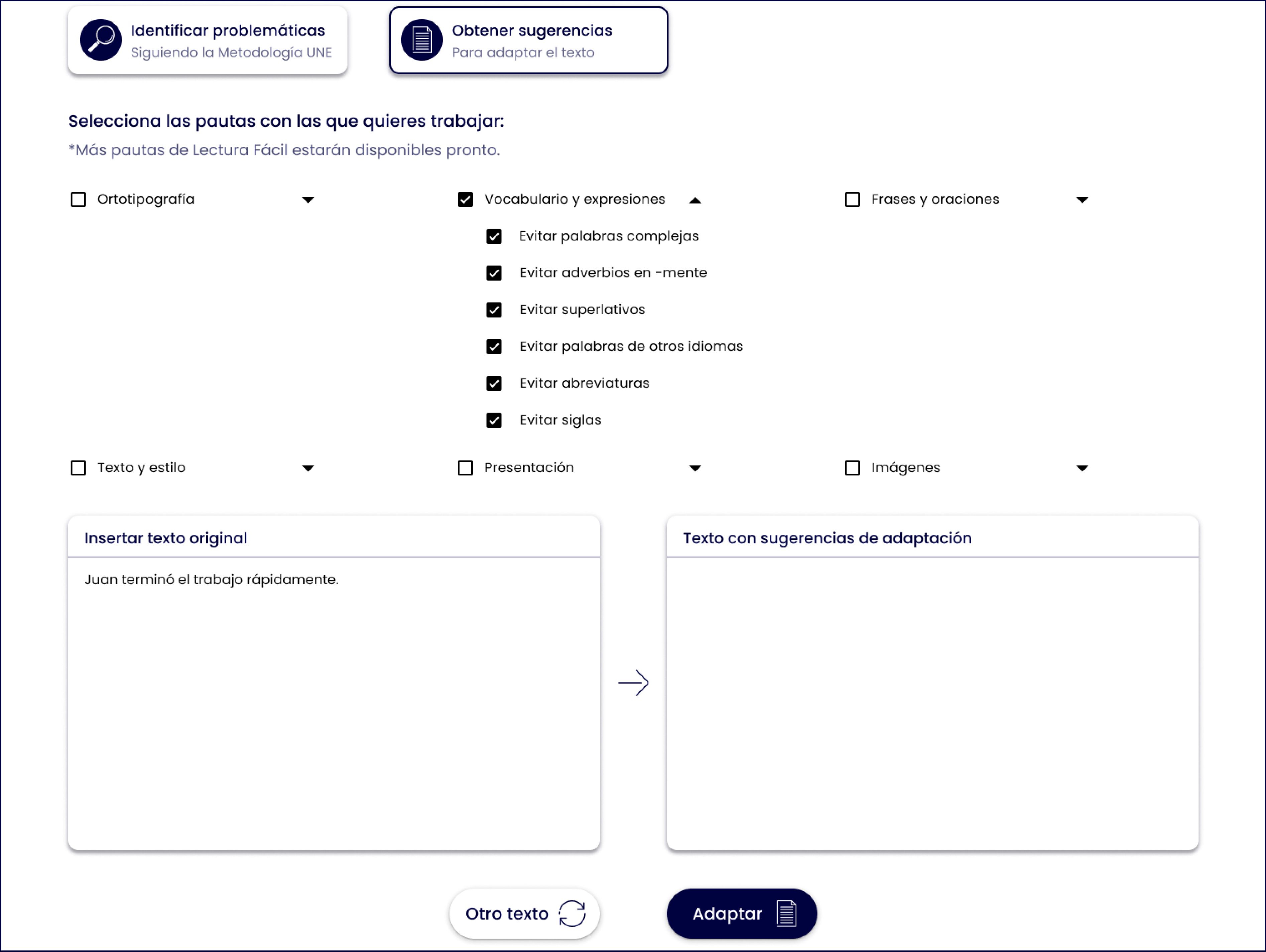 Captura de pantalla del paso 1 en obtención de sugerencias de adaptación